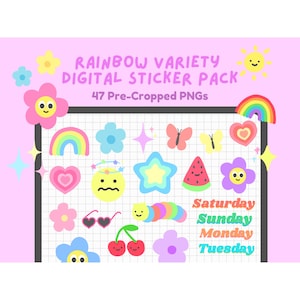Y2K Digital Sticker Pack | Cute Rainbow Flower 00s Aesthetic for Planners, Summer Journals, Kawaii Notes, Goodnotes, Smiley | bearboxdigital