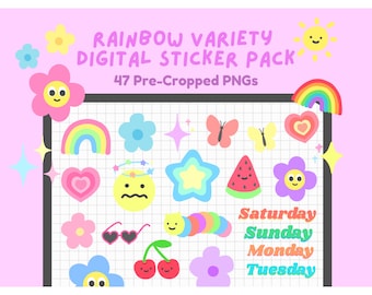 Paquete de pegatinas digitales Y2K / Linda flor de arcoíris estética de los años 2000 para planificadores, diarios de verano, notas kawaii, Goodnotes, emoticones / bearboxdigital