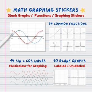 May include: A set of 14 math graphing stickers featuring 14 common functions, 14 sine and cosine waves, and 10 blank graphs. The stickers are multi-colored and labeled with the text "MATH GRAPHING STICKERS".