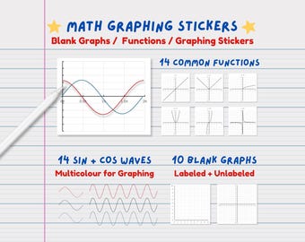 Pegatinas digitales de gráficos matemáticos / Plano de coordenadas en blanco, hoja de fórmulas de funciones aritméticas, notas de estudio de cálculo, plantilla de hoja de trabajo para profesores