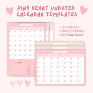 Pink Heart Calendar Templates | Kawaii Undated 2024 Goodnotes Journal, Digital Planner, Pastel Aesthetic Monthly Schedule | bearboxdigital