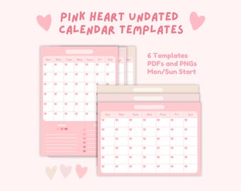 Plantillas de calendario de corazones rosas / Diario Goodnotes 2024 sin fecha, planificador digital, calendario mensual con estética pastel / bearboxdigital