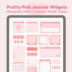 May include: A set of pink printable journal widgets featuring hearts, flowers, and grid patterns. The widgets include a checklist, reminder, habit tracker, and notepad.