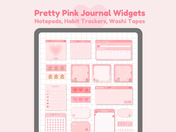 Pink Heart Journal Widgets | Digital Planner Stickers, Aesthetic Habit Tracker Schedule Transparent PNG, Functional Insert | bearboxdigital