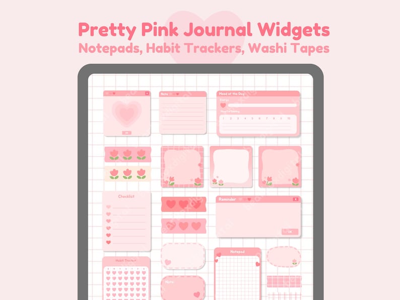 May include: A set of pink printable journal widgets featuring hearts, flowers, and grid patterns. The widgets include a checklist, reminder, habit tracker, and notepad.