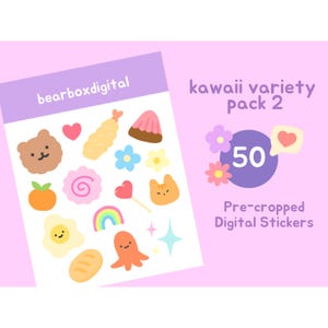 Kawaii Digital Sticker Variety Pack 2 | Cute Rainbow Planner Clipart for Bullet Journaling, Flower PNGs, Goodnotes Bear | bearboxdigital
