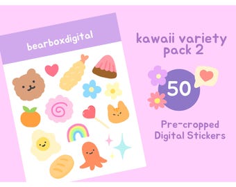 Paquete variado de 2 pegatinas digitales kawaii / Lindo planificador de arcoíris para Bullet Journaling, PNG de flores, Goodnotes Bear / bearboxdigital