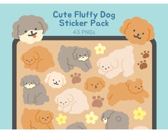 Lindo paquete de pegatinas digitales de perros peludos / PNG de estética kawaii para planificadores, diarios, Goodnotes, imágenes prediseñadas de animales, estilo coreano / bearboxdigital