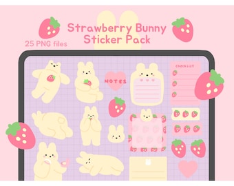 Paquete de pegatinas digitales de conejito de fresa / PNG transparentes precortados para diarios estéticos lindos, notas kawaii, planificadores / bearboxdigital