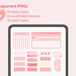 May include: A digital planner with pink and white stickers and washi tape. The planner includes a heart tracker, mood tracker, and 14 sticky notes. The text "Mood of the Day" is visible on the planner.