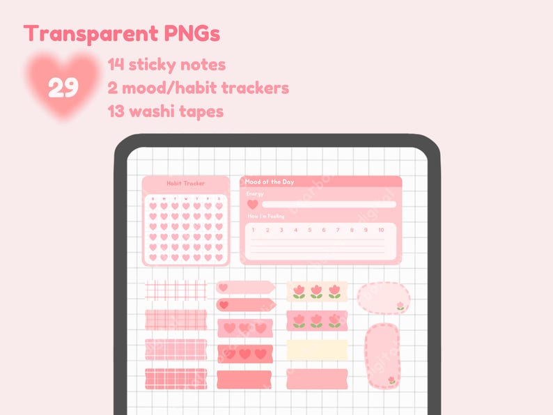 May include: A digital planner with pink and white stickers and washi tape. The planner includes a heart tracker, mood tracker, and 14 sticky notes. The text "Mood of the Day" is visible on the planner.