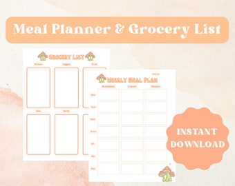 Op de afbeelding: Printbare maaltijdplanner en boodschappenlijst sjabloon met een paddenstoelthema. De sjabloon bevat secties voor ontbijt, lunch, diner, groenten, groenten en fruit.