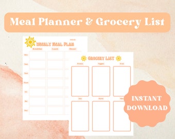May include: A printable meal planner and grocery list template with a retro sun design. The planner includes sections for breakfast, lunch, and dinner for each day of the week. The grocery list is divided into sections for protein, vegetables, fruit, grains, snacks, and other.