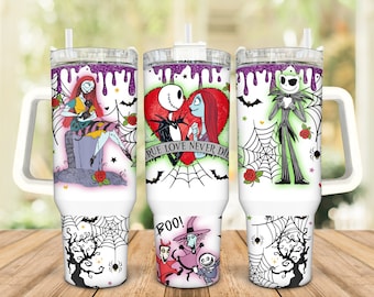 ジャックとサリー、ラブ・ネバー・ダイズ、ハンドル付き 40 オンス タンブラー