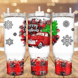 Merry Christmas, Red Christmas Truck, 40oz Tumbler with handle