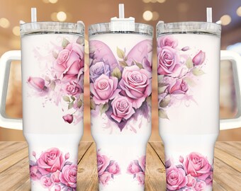Pink Heart and Pink Roses, 40oz Tumbler with Handle