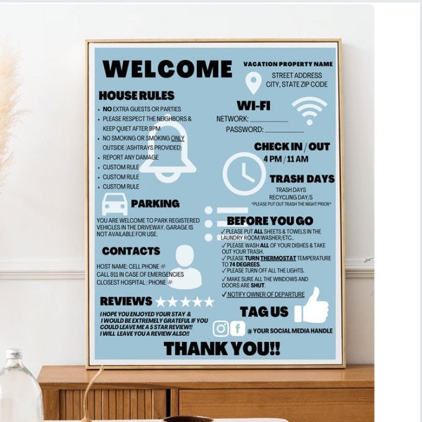 Airbnb/VRBO Welcome Sign Template| Welcome Guide to AirBnB/VRBO | Vacation Rental Check Out Instructions | House Rules