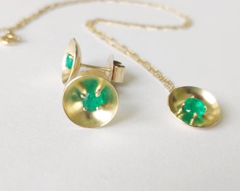 18K Gold Colombian Emerald Earrings and Emerald Necklace Set~May Birthstone~100% Natural Emeralds~Emerald Anniversary Gift~Wedding~Handmade