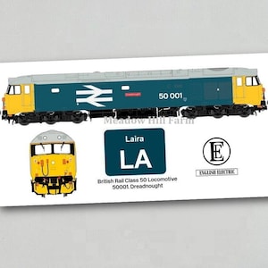 May include: A blue and yellow British Rail Class 50 locomotive with the number 50 001 and the name "Dreadnought" printed on the side. The locomotive is labeled "Laira LA" and "English Electric".