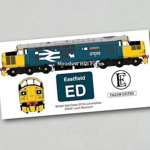 May include: A blue and yellow British Rail Class 37/0 locomotive with the number 37012 and the name "Loch Rannoch" printed on the side. The locomotive is on a white background with a sign that reads "Eastfield ED" and a logo for English Electric.