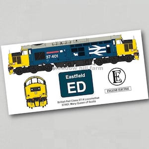 May include: A blue and yellow British Rail Class 37/4 locomotive with the number 37401 and the name "Mary Queen of Scots" printed on the side. The locomotive is on a white background with a small image of the front of the locomotive and a sign that reads "Eastfield ED". There is also a logo for English Electric.