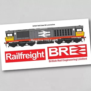 May include: A gray and yellow British Rail Class 58 locomotive with the number 58 005 on the side. The locomotive has the words "Railfreight" and "BRE" on the side. The text "British Rail Engineering Limited" is below the logo.
