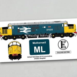 May include: A blue and yellow British Rail Class 37/3 locomotive with the number 37320 and the text "Meadow Hill Farm" on the side. The locomotive is labeled "Motherwell ML" and "English Electric".