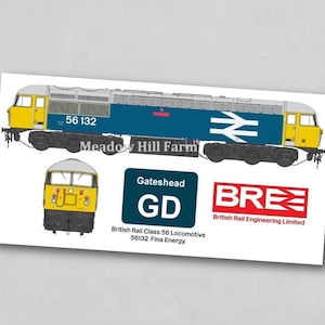 May include: A yellow and blue British Rail Class 56 diesel locomotive with the number 56132 and the text "Meadow Hill Farm" on the side. The locomotive is also labeled "Gateshead GD" and "BRE British Rail Engineering Limited".