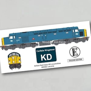 May include: A blue and yellow British Rail Class 40 locomotive model with the number 40022 and the name Laconia. The model is labeled with the text "Carlisle Kingmoor KD" and "Meadow Hill Farm". The model also features the English Electric logo.