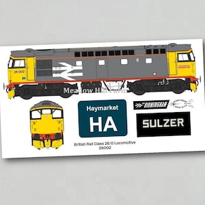May include: A gray and yellow British Rail Class 26/0 locomotive with the number 26 002 on the side. The locomotive has a Haymarket HA sign and a Sulzer logo. The locomotive is a model train.