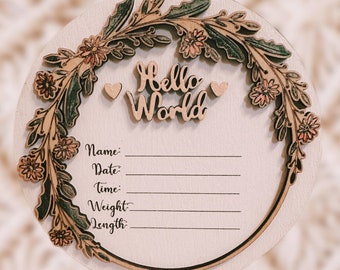 Personalized daisy wooden baby announcement | Hello World | Daisy