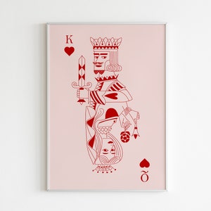 Pôster de arte de parede do Rei e Rainha de Copas, impressão de arte retrô de cartas de jogar, arte de parede estética retrô moderna, download digital