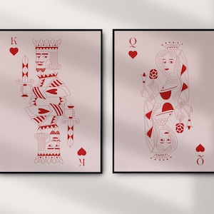 Queen of Hearts, King of Hearts Wall Art Poster, Playing Card Retro Art Print, Digital Download