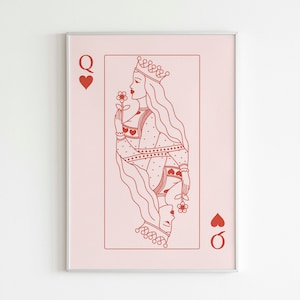 Cartel de arte de pared de la reina de corazones, impresión de arte de naipes, reina de corazones de moda, arte de pared estético imprimible, descarga digital