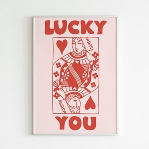 Luck You Wall Art Poster, Playing Card Retro Art Print, Retro Trendy Queen of Hearts, Aesthetic Wall Art Printable, Digital Download