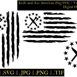 Puede incluir: Un diseño de bandera estadounidense en blanco y negro desgastado con un cuchillo y un hacha cruzados en un círculo de estrellas. El texto "Knife and Axe American Flag SVG / Vector Files Digital Download" está en la parte superior de la imagen. El texto ".EPS | .SVG | .JPG | .PNG | .TIF" está en la parte inferior de la imagen.