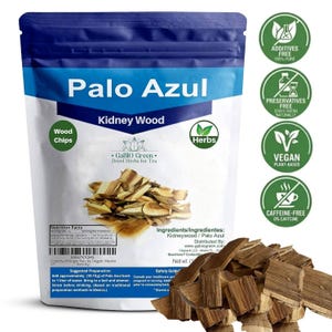 May include: A white and blue resealable pouch of Palo Azul kidney wood chips for tea. The label features the text Palo Azul, Kidney Wood, and GaBIO Green. Four green circular icons indicate the product is additives free, preservatives free, vegan, and caffeine-free. A pile of brown wood chips is visible in front of the pouch.