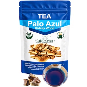 May include: A blue and white resealable pouch labeled TEA Palo Azul Kidney Wood by GaBIO Green. The package displays dried wood chips and contains text including Eysenhardtia polystachya. A small glass bowl of dark blue liquid sits in front.