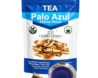 May include: A blue and white pouch of Palo Azul Kidney Wood tea by GaBIO Green. The packaging features text including TEA, Palo Azul, Kidney Wood, and Eysenhardtia polystachya. A pile of light brown wood chips and a small glass of dark blue tea are shown.