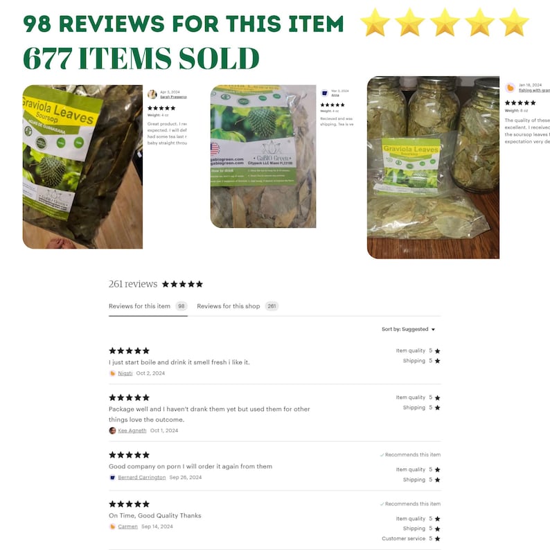 May include: A close-up of a package of dried Graviola leaves. The package is labeled "Graviola Leaves Soursop". The product has received 98 reviews and 677 items have been sold. Close-up of high-quality dried Annona Muricata leaves for medicinal herbal tea
