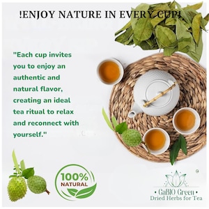 May include: A white teapot with a bamboo handle, three small cups of amber tea, and dried green leaves. Text reads: ENJOY NATURE IN EVERY CUP! Each cup invites you to enjoy an authentic and natural flavor. Includes a 100% NATURAL logo and GaBIO Green label.
