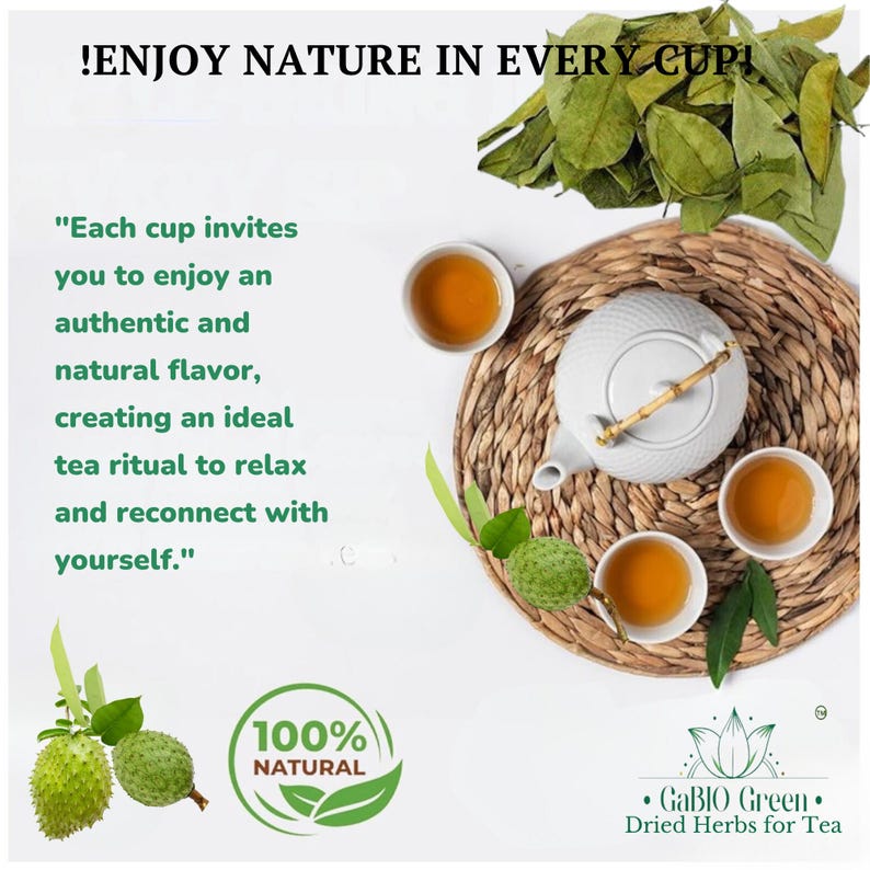 May include: A white teapot with a bamboo handle, three small cups of amber tea, and dried green leaves. Text reads: ENJOY NATURE IN EVERY CUP! Each cup invites you to enjoy an authentic and natural flavor. Includes a 100% NATURAL logo and GaBIO Green label.