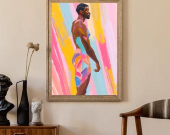Impresión artística abstracta de un hombre negro con trazos corporales coloridos (descarga digital)