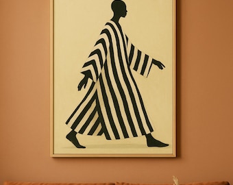 May include: A black and white striped silhouette of a person walking, framed in a gold frame against a light brown wall.