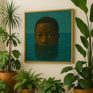 以下が含まれることがあります： 水に浸かった若い人の顔が描かれた額縁付きの絵画。人物は肌が黒く、直接鑑賞者を見つめている。水は濃い青色で、背景は薄い青色です。