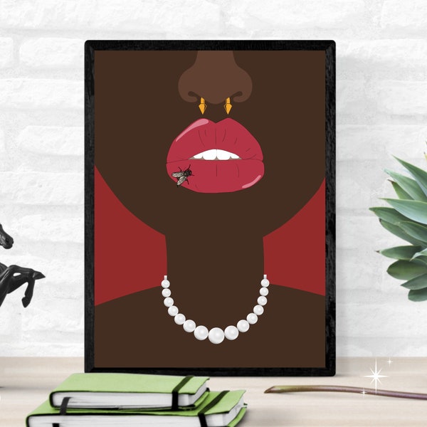 Fly Girl with Pearl Necklace Digital Design Black Girl Portrait Wall Art Poster Print African American Urban Vibe Beauty Graphic