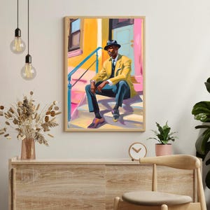 Lámina artística de Harlem Stoop / Hombre elegante y negro, Nueva York (Descarga digital)