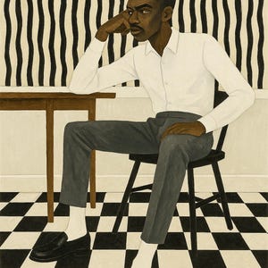 May include: Illustration of a person seated at a table, wearing a white button-down shirt, gray pants, and black loafers. The background features a black and white striped wall and a checkered floor.