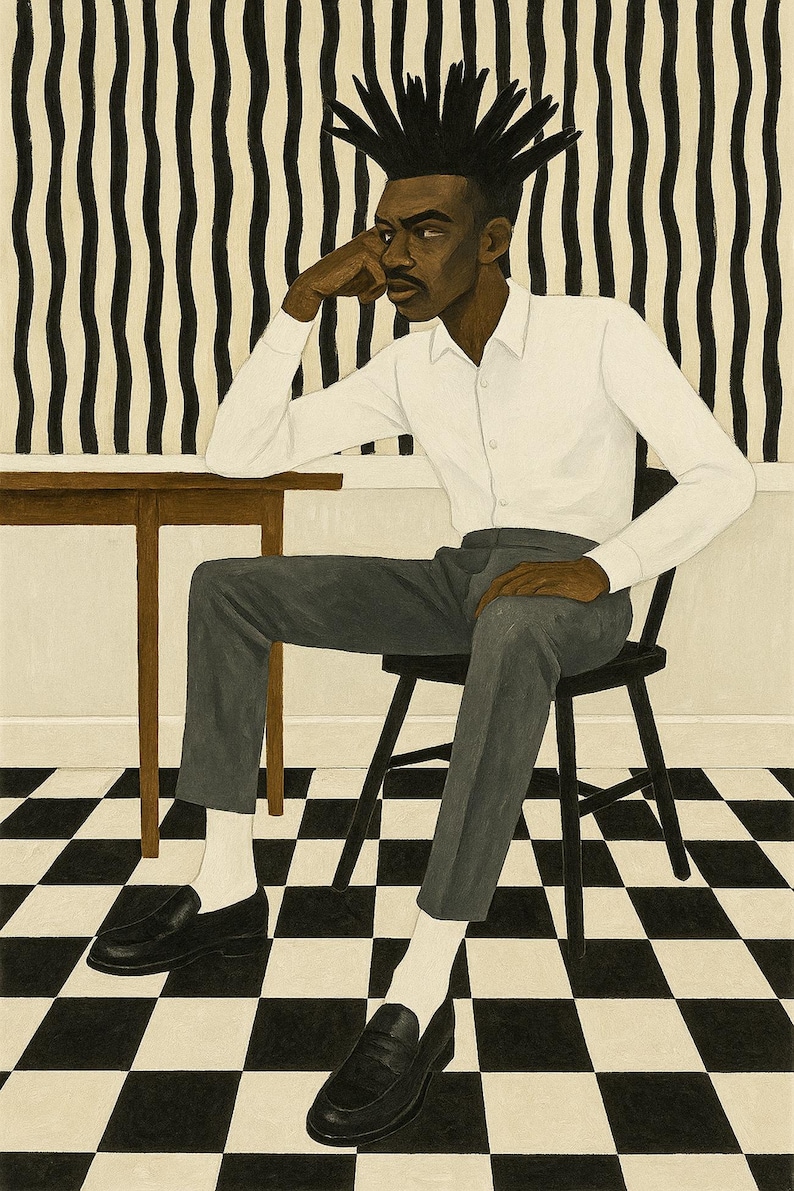 May include: Illustration of a person seated at a table, wearing a white button-down shirt, gray pants, and black loafers. The background features a black and white striped wall and a checkered floor.