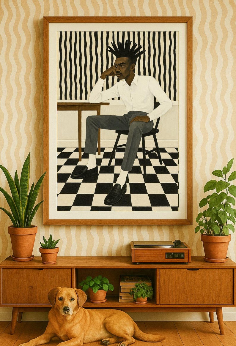 May include: A framed art print depicts a person in a white shirt and gray pants seated at a table. The background features a black and white checkered floor and a striped wall. A wooden cabinet with plants and a dog in front.